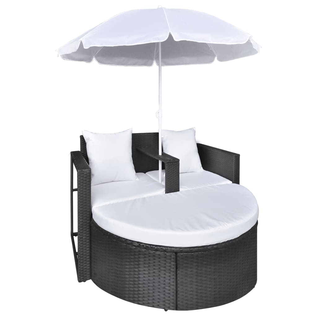 vidaXL Patio Bed with Parasol Black Poly Rattan