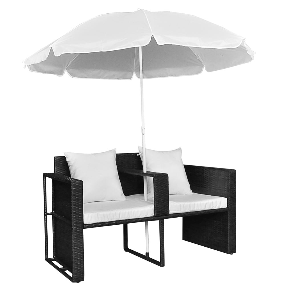 vidaXL Patio Bed with Parasol Black Poly Rattan