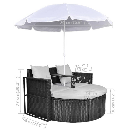 vidaXL Patio Bed with Parasol Black Poly Rattan