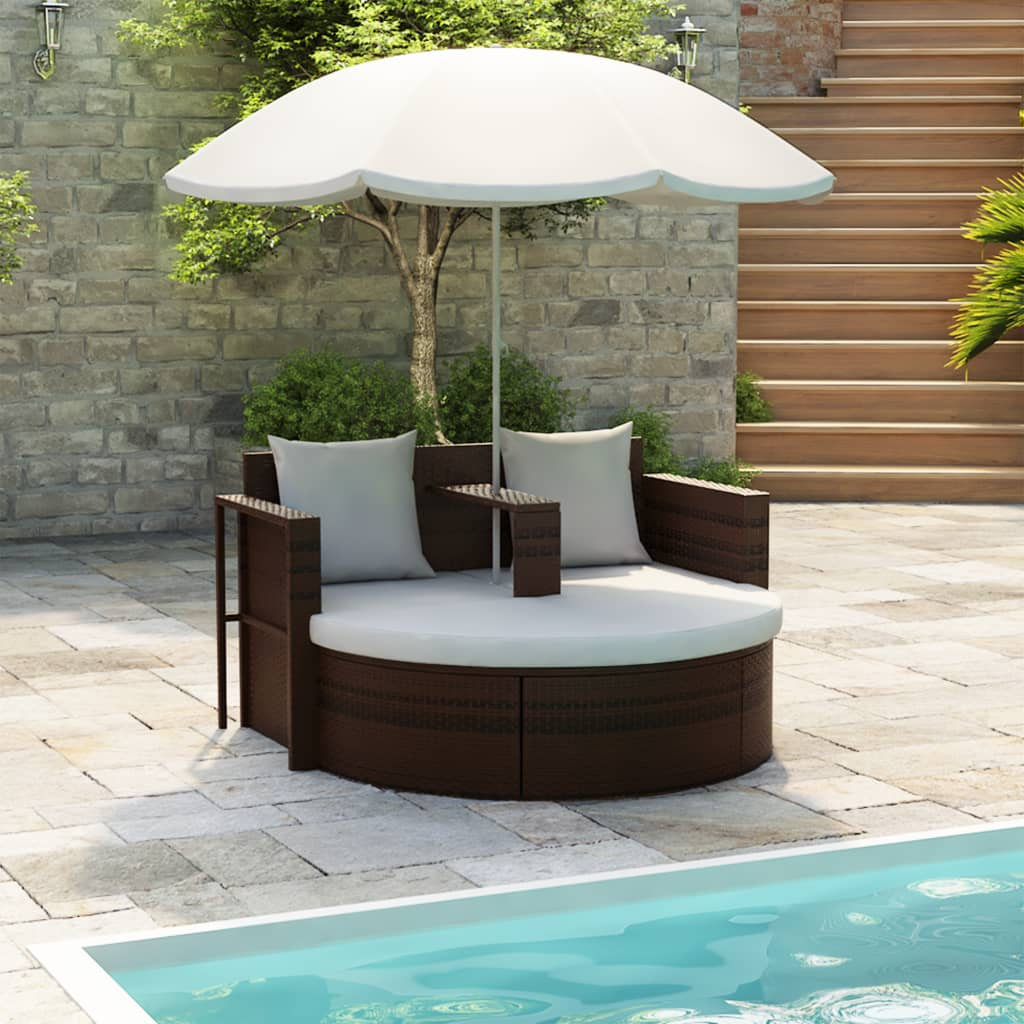 vidaXL Patio Bed with Parasol Brown Poly Rattan