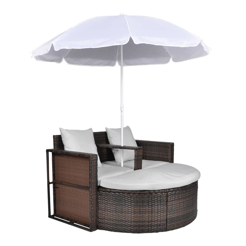 vidaXL Patio Bed with Parasol Brown Poly Rattan