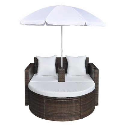 vidaXL Patio Bed with Parasol Brown Poly Rattan