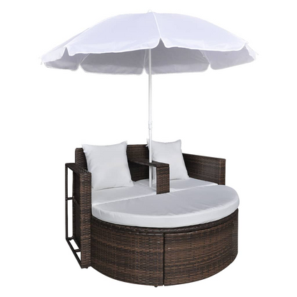 vidaXL Patio Bed with Parasol Brown Poly Rattan