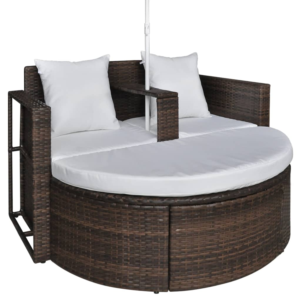 vidaXL Patio Bed with Parasol Brown Poly Rattan