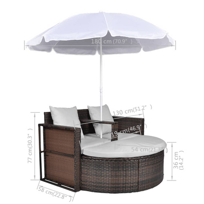 vidaXL Patio Bed with Parasol Brown Poly Rattan