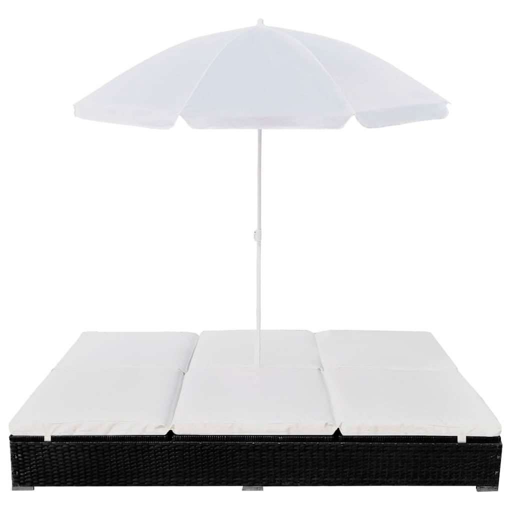 vidaXL Patio Lounge Bed with Umbrella Poly Rattan Black