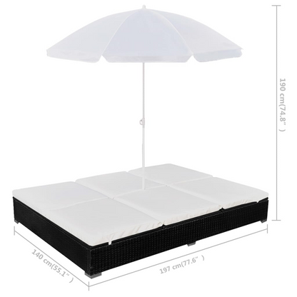 vidaXL Patio Lounge Bed with Umbrella Poly Rattan Black