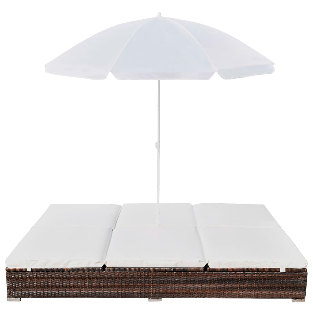 vidaXL Patio Lounge Bed with Umbrella Poly Rattan Brown