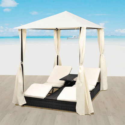 vidaXL Double Sun Lounger with Curtains Poly Rattan Black