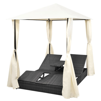 vidaXL Double Sun Lounger with Curtains Poly Rattan Black