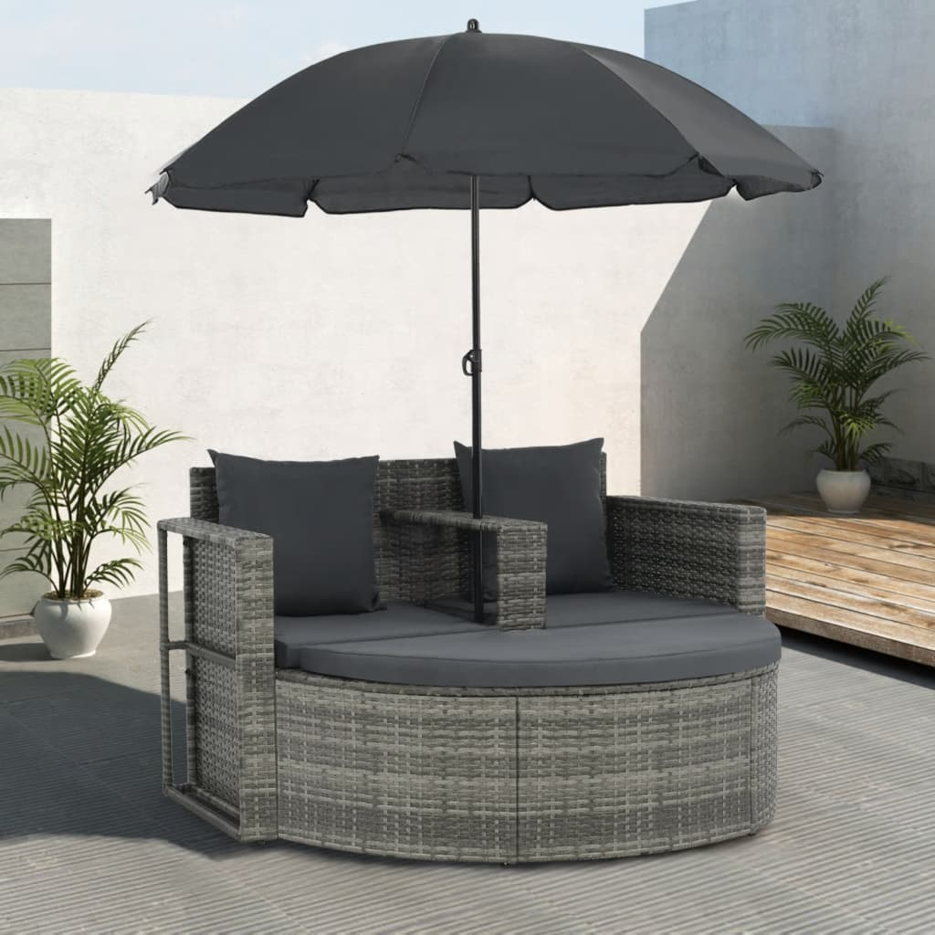 vidaXL 2 Seater Patio Sofa with Cushions and Parasol Gray Poly Rattan