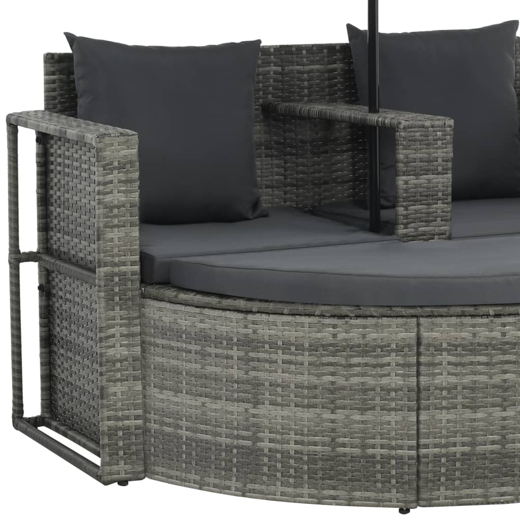 vidaXL 2 Seater Patio Sofa with Cushions and Parasol Gray Poly Rattan