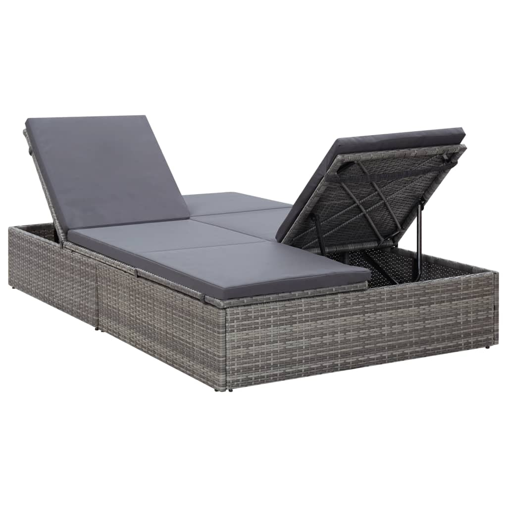 vidaXL Double Sun Lounger with Cushion Poly Rattan Gray