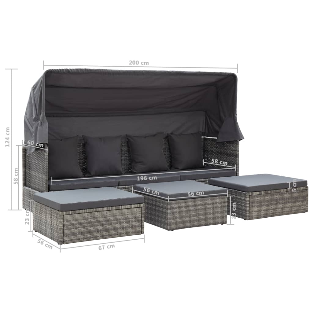 vidaXL Patio Lounge Bed with Roof Mixed Gray Poly Rattan