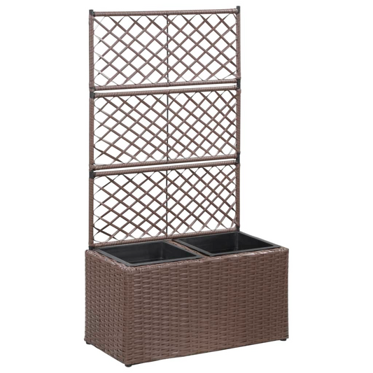 vidaXL Trellis Raised Bed with 2 Pots 22.8"x11.8"x42.1" Poly Rattan Brown