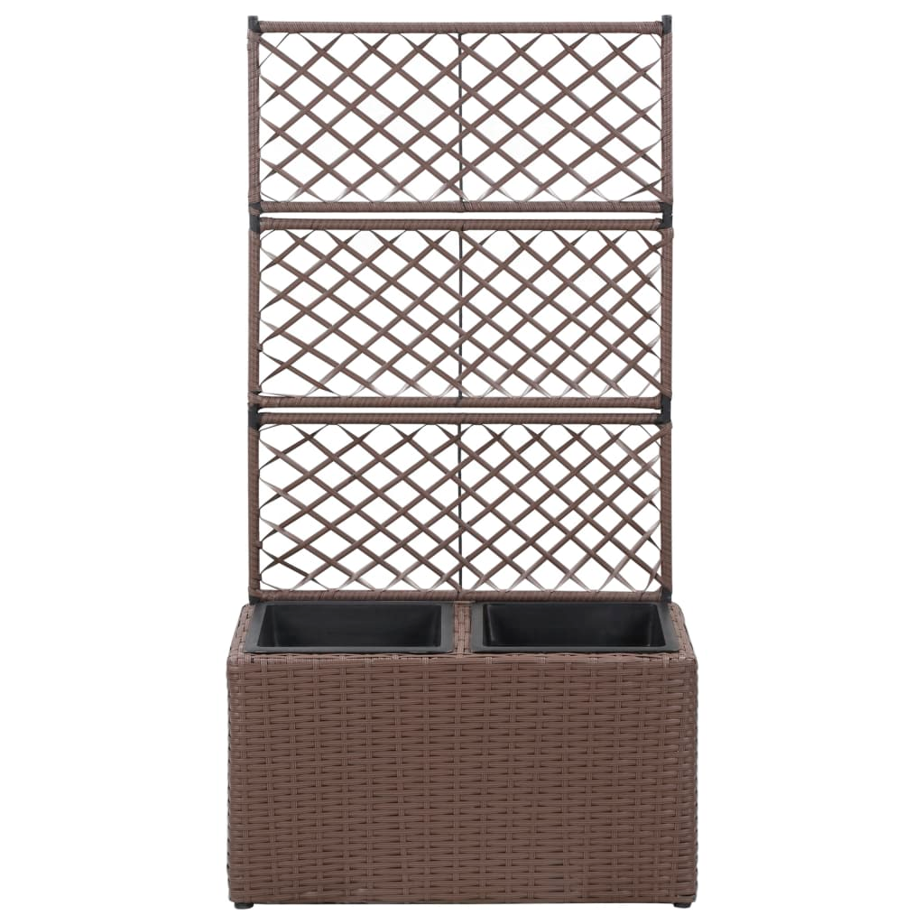 vidaXL Trellis Raised Bed with 2 Pots 22.8"x11.8"x42.1" Poly Rattan Brown