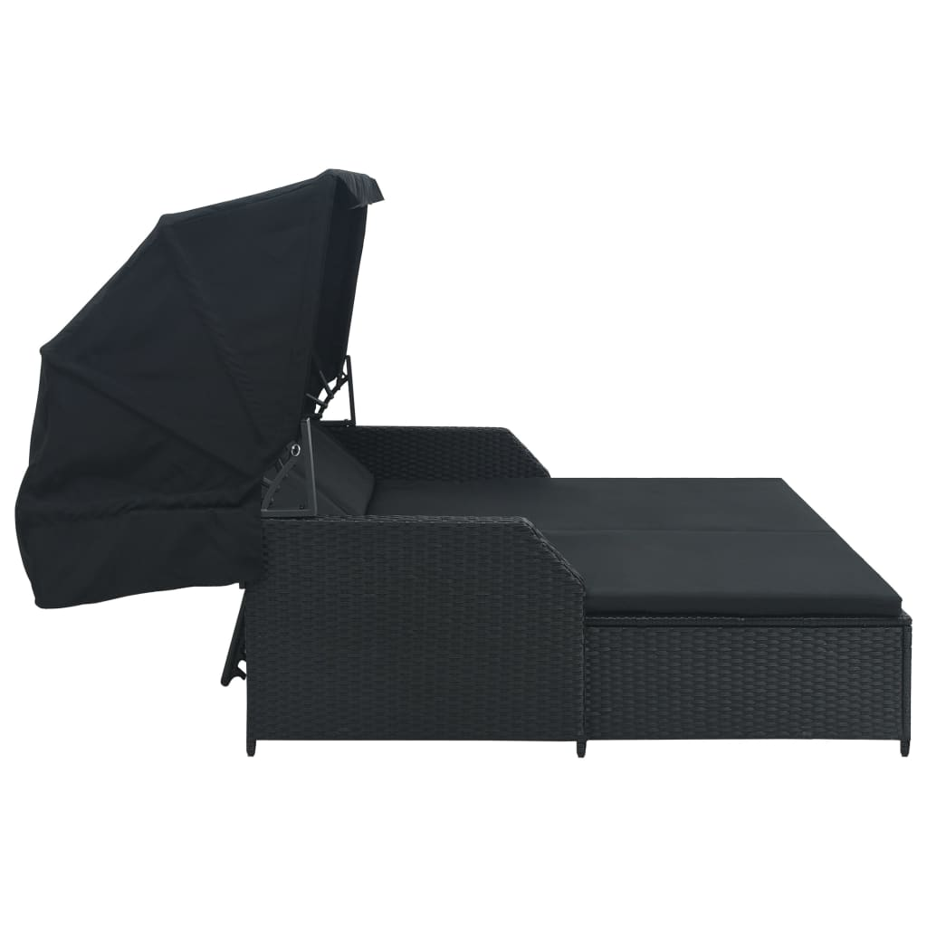 vidaXL 2-Person Sun Lounger with Canopy Poly Rattan Black