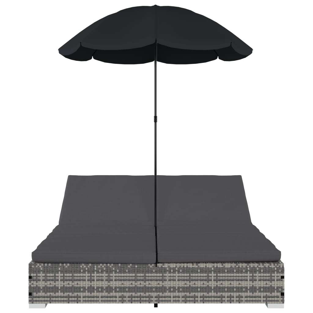 vidaXL Patio Lounge Bed with Umbrella Poly Rattan Gray