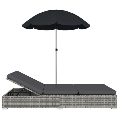 vidaXL Patio Lounge Bed with Umbrella Poly Rattan Gray