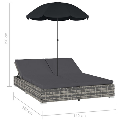 vidaXL Patio Lounge Bed with Umbrella Poly Rattan Gray