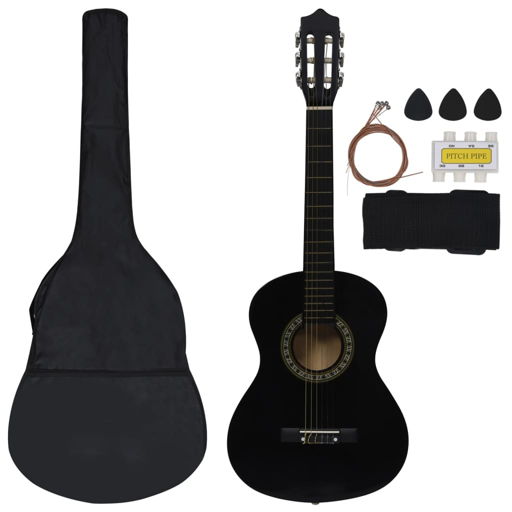 vidaXL 8 Piece Classical Guitar Beginner Set Black 1/2 34"