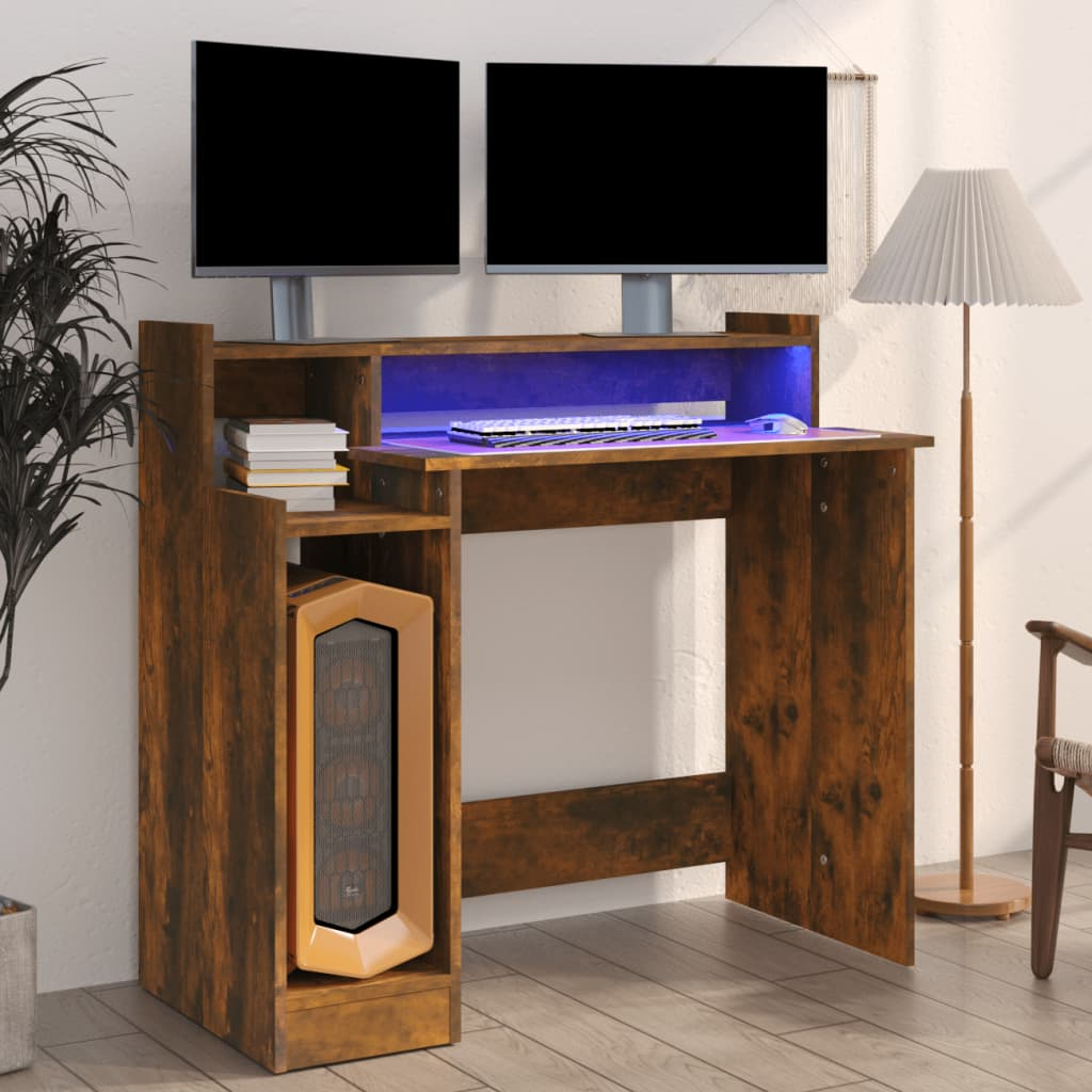 vidaXL Desk with LED Lights Smoked Oak 38.2"x17.7"x35.4" Engineered Wood