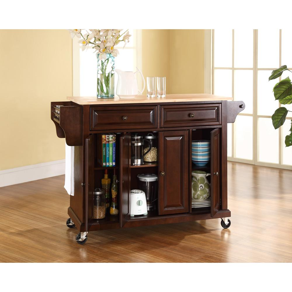 Full Size Wood Top Kitchen Cart Mahogany/Natural