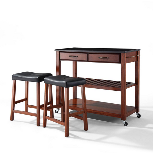 Granite Top Kitchen Cart W/Uph Saddle Stools Cherry/Black - Kitchen Island & 2 Counter Stools