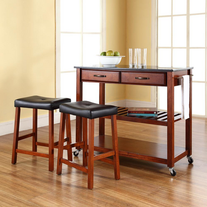 Granite Top Kitchen Cart W/Uph Saddle Stools Cherry/Black - Kitchen Island & 2 Counter Stools