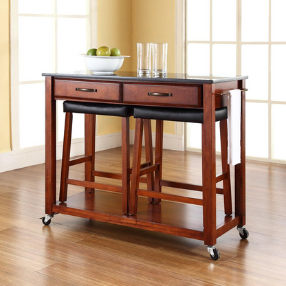 Granite Top Kitchen Cart W/Uph Saddle Stools Cherry/Black - Kitchen Island & 2 Counter Stools