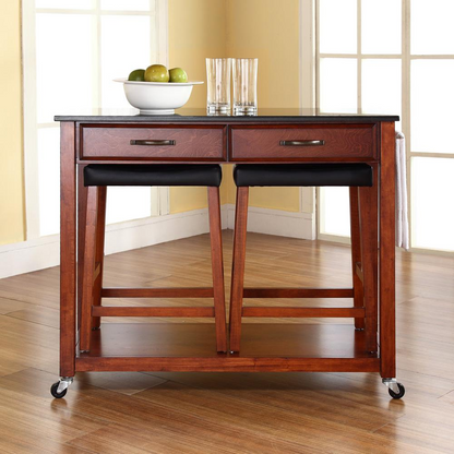 Granite Top Kitchen Cart W/Uph Saddle Stools Cherry/Black - Kitchen Island & 2 Counter Stools