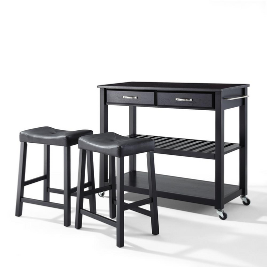 Granite Top Kitchen Prep Cart W/Uph Saddle Stools Black/Black - Kitchen Island & 2 Counter Stools