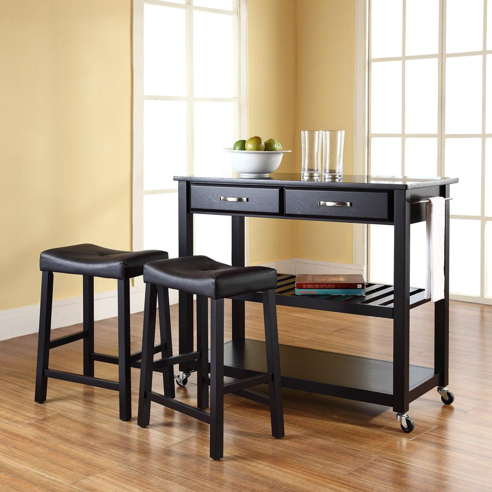 Granite Top Kitchen Prep Cart W/Uph Saddle Stools Black/Black - Kitchen Island & 2 Counter Stools