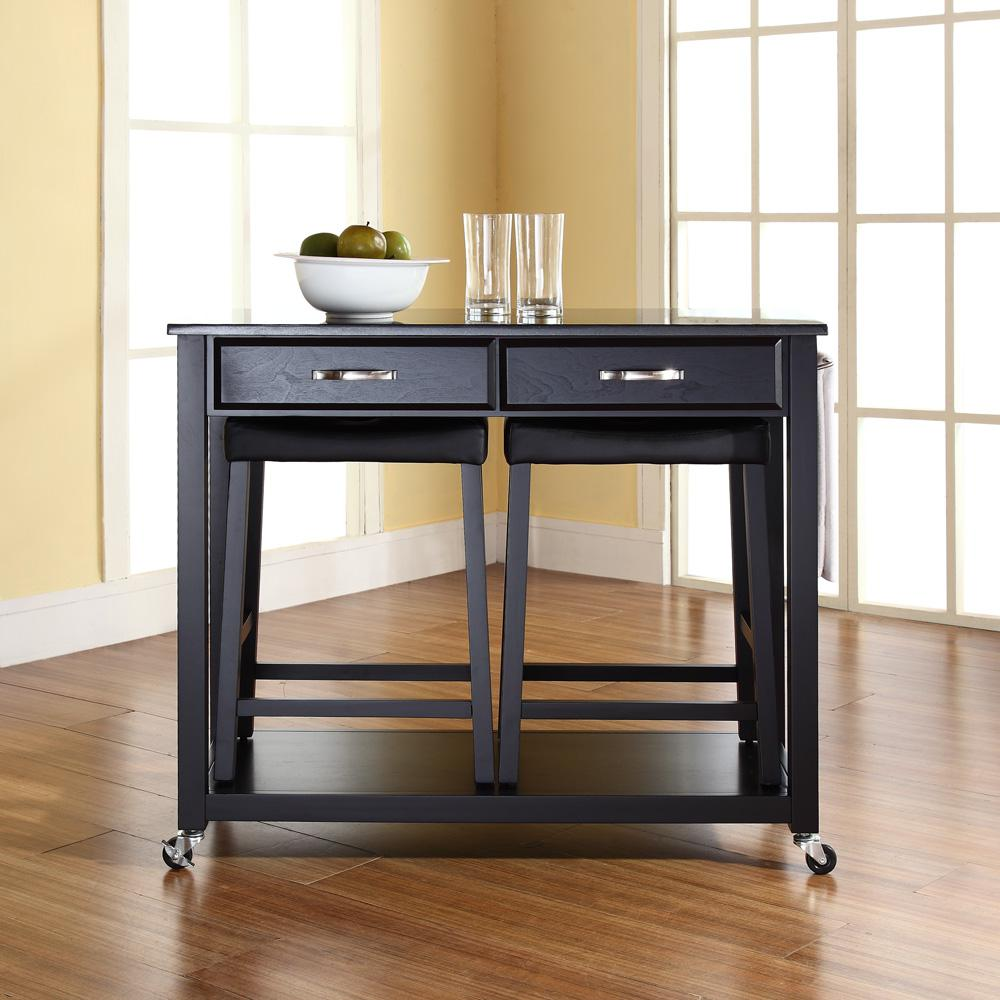 Granite Top Kitchen Prep Cart W/Uph Saddle Stools Black/Black - Kitchen Island & 2 Counter Stools