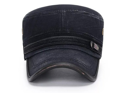 FS Fashion Flat-top Leather-trimmed Vintage Cotton Hat Adjustable Black