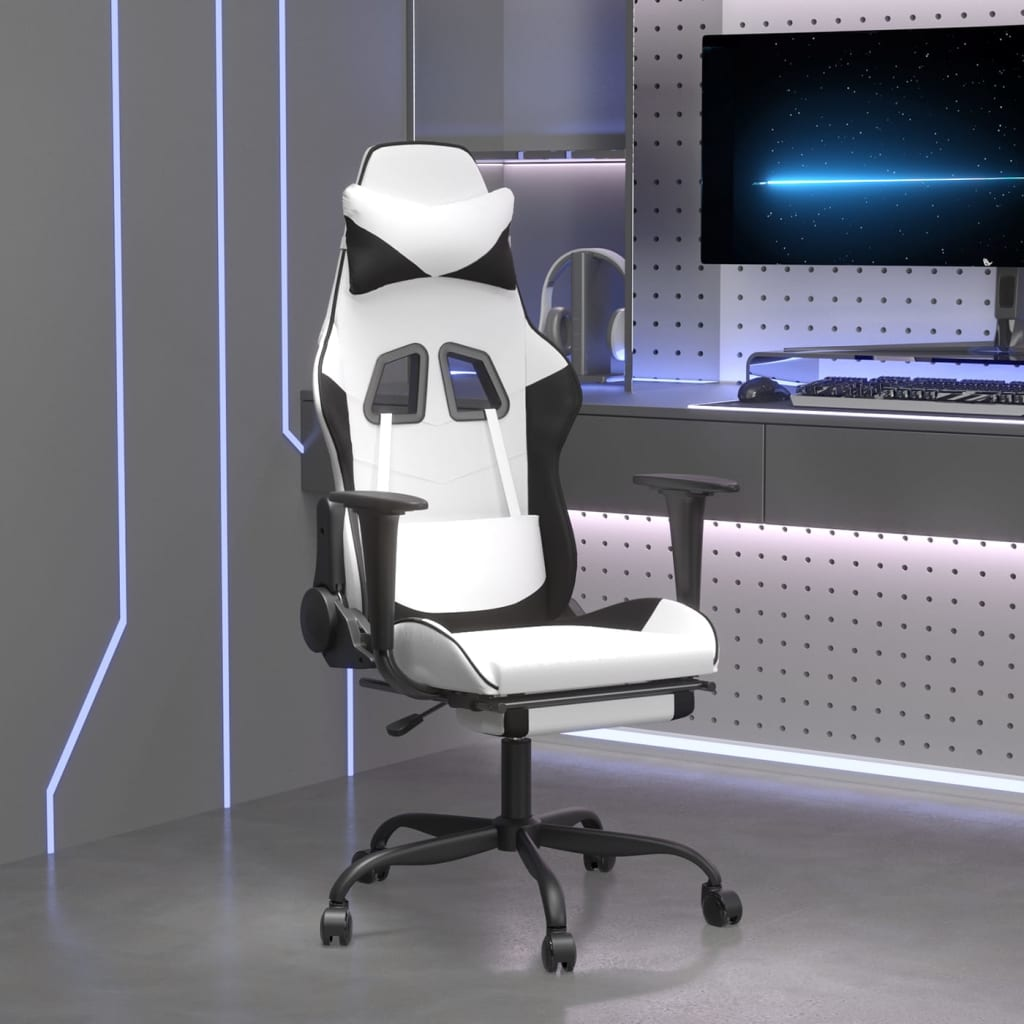 vidaXL Gaming Chair with Footrest White and Black Faux Leather