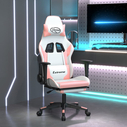 vidaXL Gaming Chair with Footrest White and Pink Faux Leather