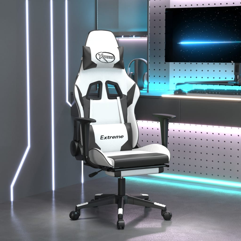 vidaXL Gaming Chair with Footrest White and Black Faux Leather