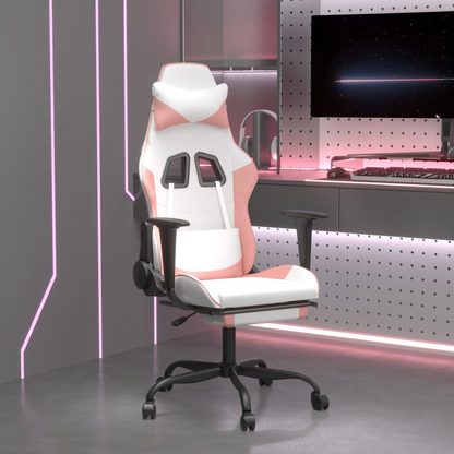 vidaXL Massage Gaming Chair with Footrest White&Pink Faux Leather