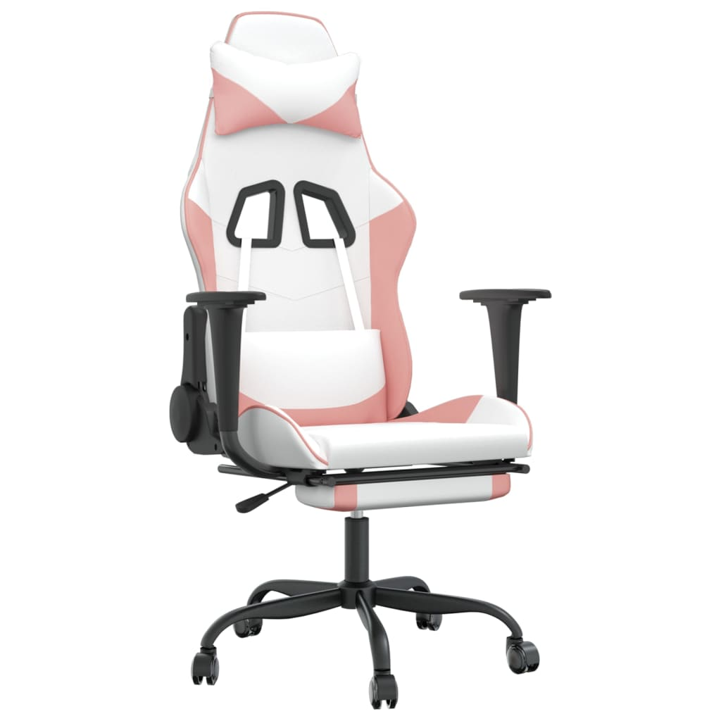 vidaXL Massage Gaming Chair with Footrest White&Pink Faux Leather