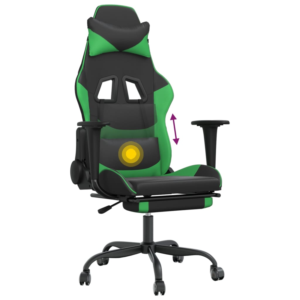 vidaXL Massage Gaming Chair with Footrest Black&Green Faux Leather