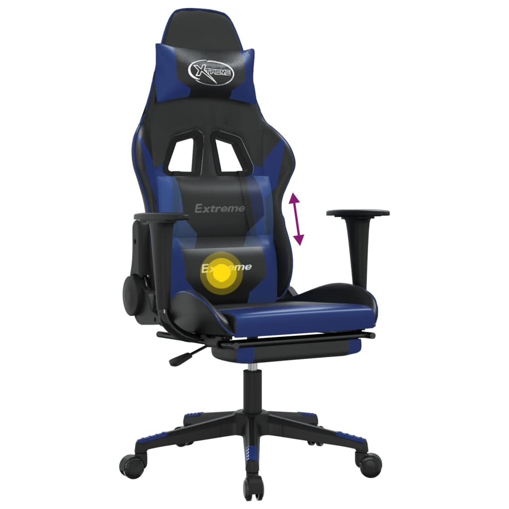 vidaXL Massage Gaming Chair with Footrest Black&Blue Faux Leather