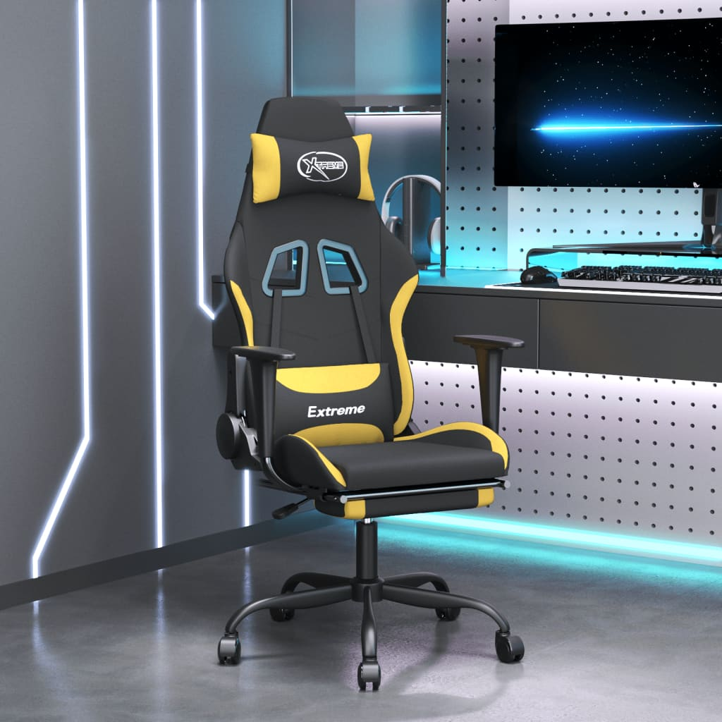 vidaXL Massage Gaming Chair with Footrest Black and Yellow Fabric