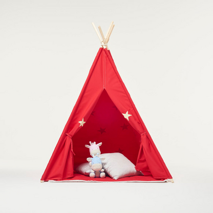 Teepee Play Tent Red and Fluorescent Stars with Cushion