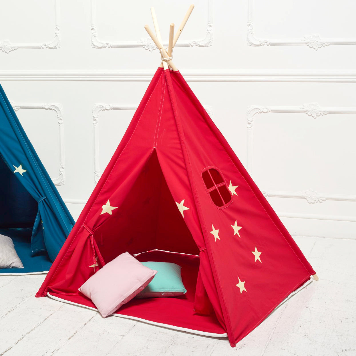 Teepee Play Tent Red and Fluorescent Stars with Cushion