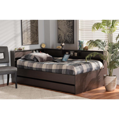 Baxton Studio Faraday Modern and Contemporary Dark Brown Finished Wood Twin Size Platform Storage Corner Bed