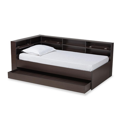 Baxton Studio Faraday Modern and Contemporary Dark Brown Finished Wood Twin Size Platform Storage Corner Bed