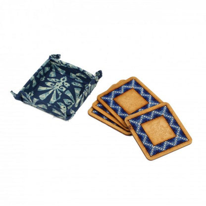 Hand Embroidered Tea Coster 4 Pc Set (Blue)