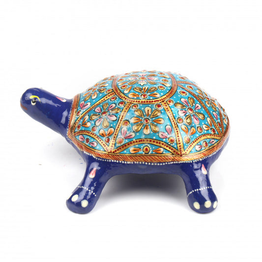 Blue Back Metal Meenakari Tortoise Statue (7 cm)