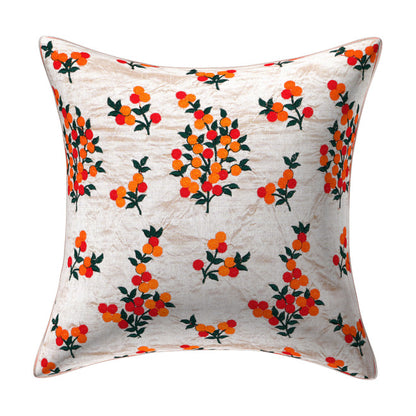 Orange Floral Embroidered Silk Cushion Cover